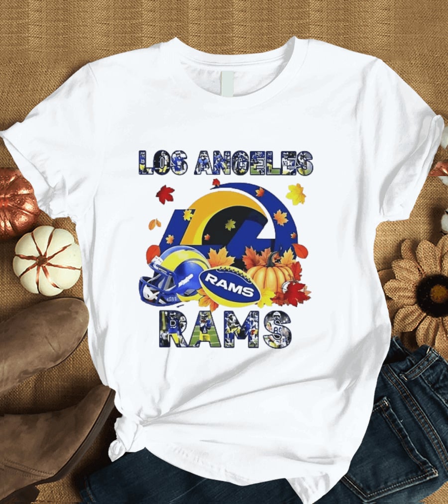 Los Angeles Rams Halloween Fall Football With Leaves And Pumpkin T-Shirt