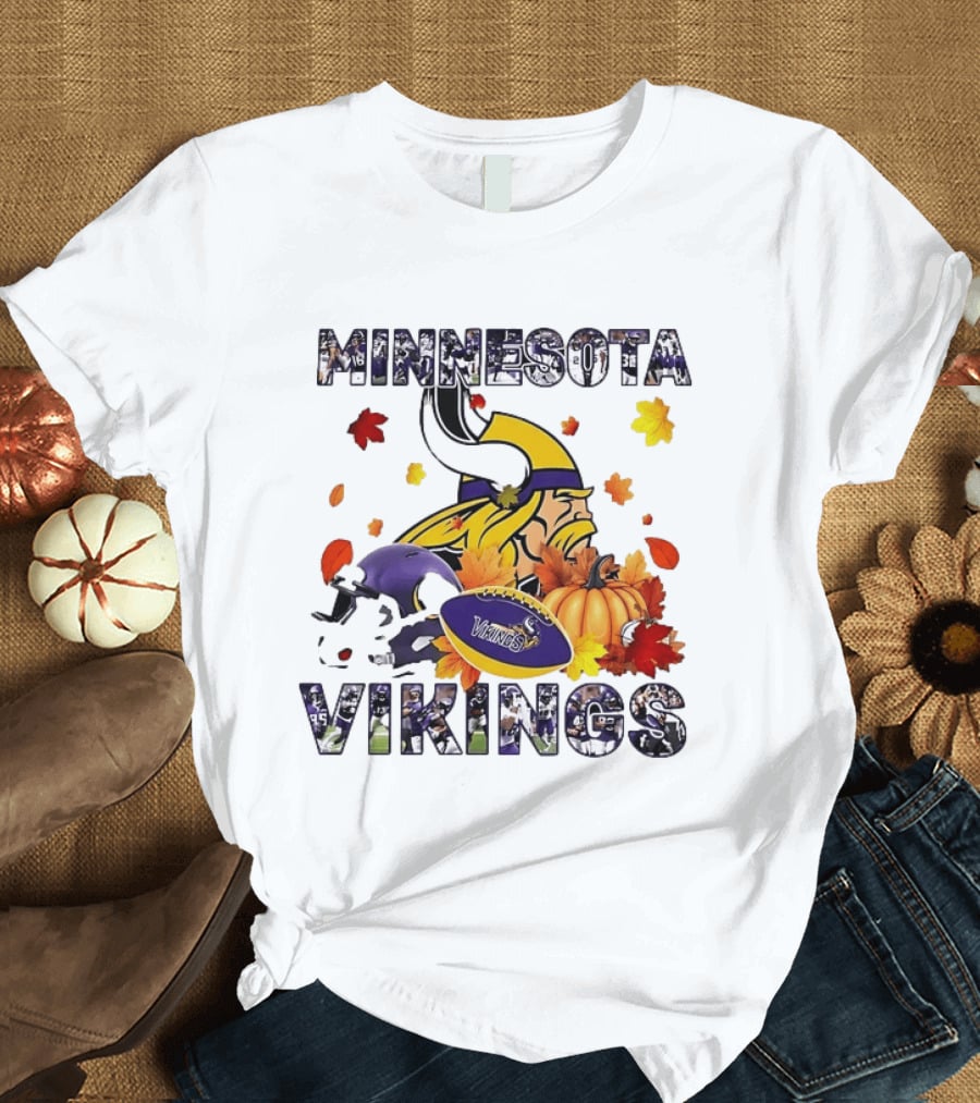 Minnesota Vikings Autumn Football Halloween Leaves Pumpkin T-Shirt