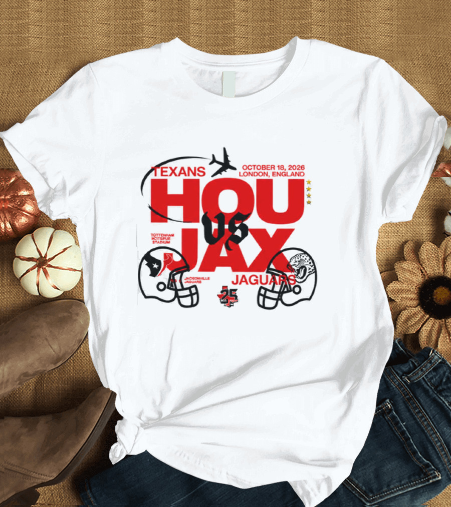 Texans Vs Jaguars London October 2023 NFL Matchup HOU JAX Helmets And Airplane T-Shirt