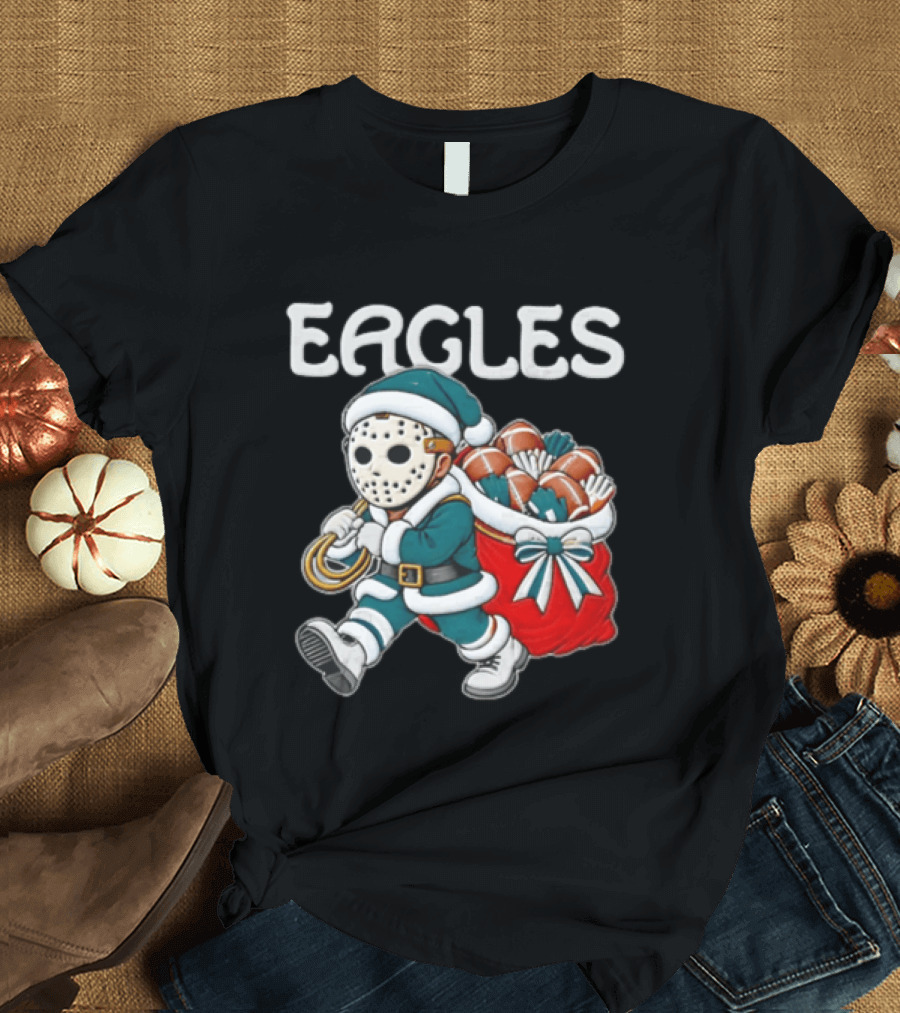 Eagles Christmas Santa With Horror Mask And Football Sack T-Shirt