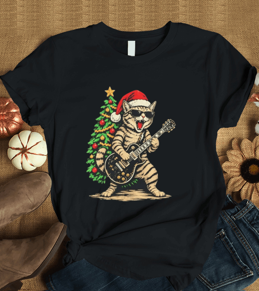 Rocking Cat Wearing Sunglasses Playing Guitar By Christmas Tree Santa Hat T-Shirt