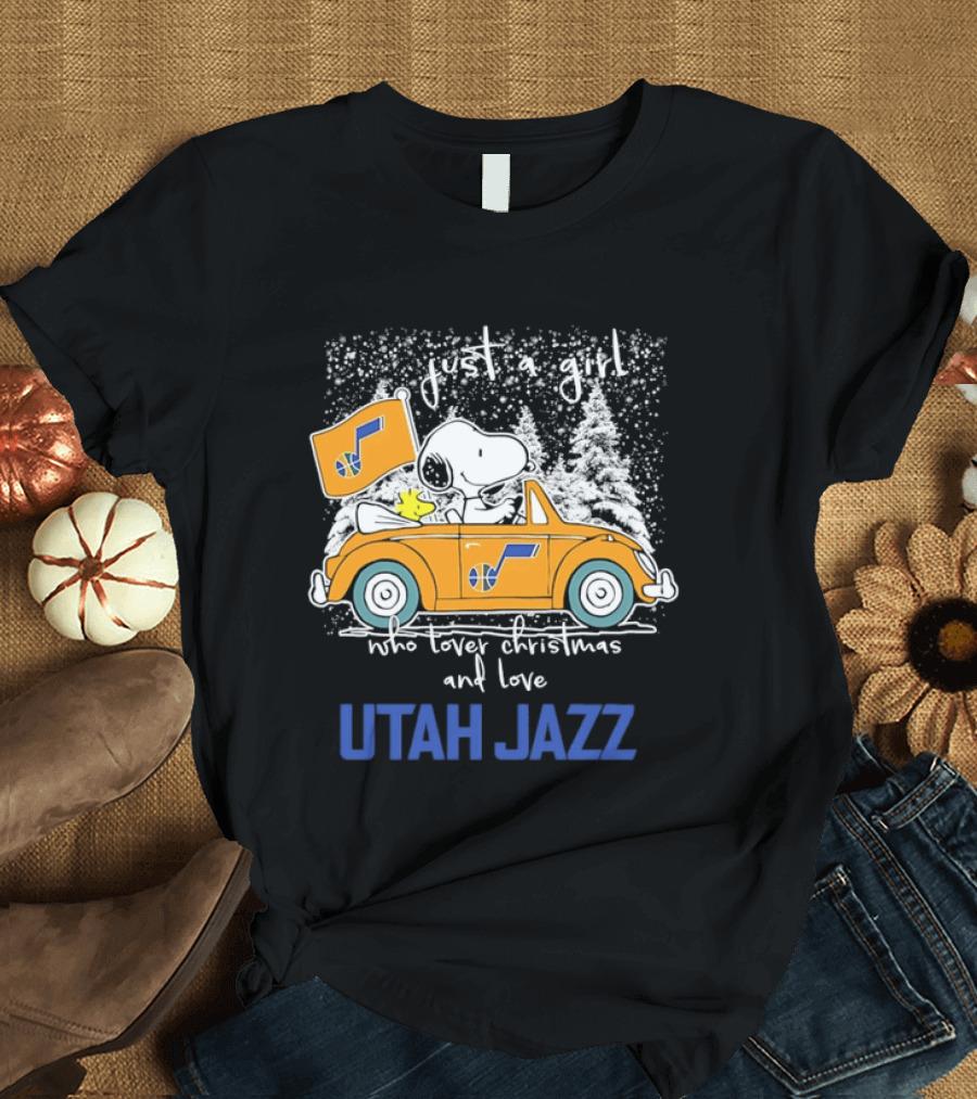 Utah Jazz Fan With Snoopy In Festive Car Celebrating Christmas T-Shirt