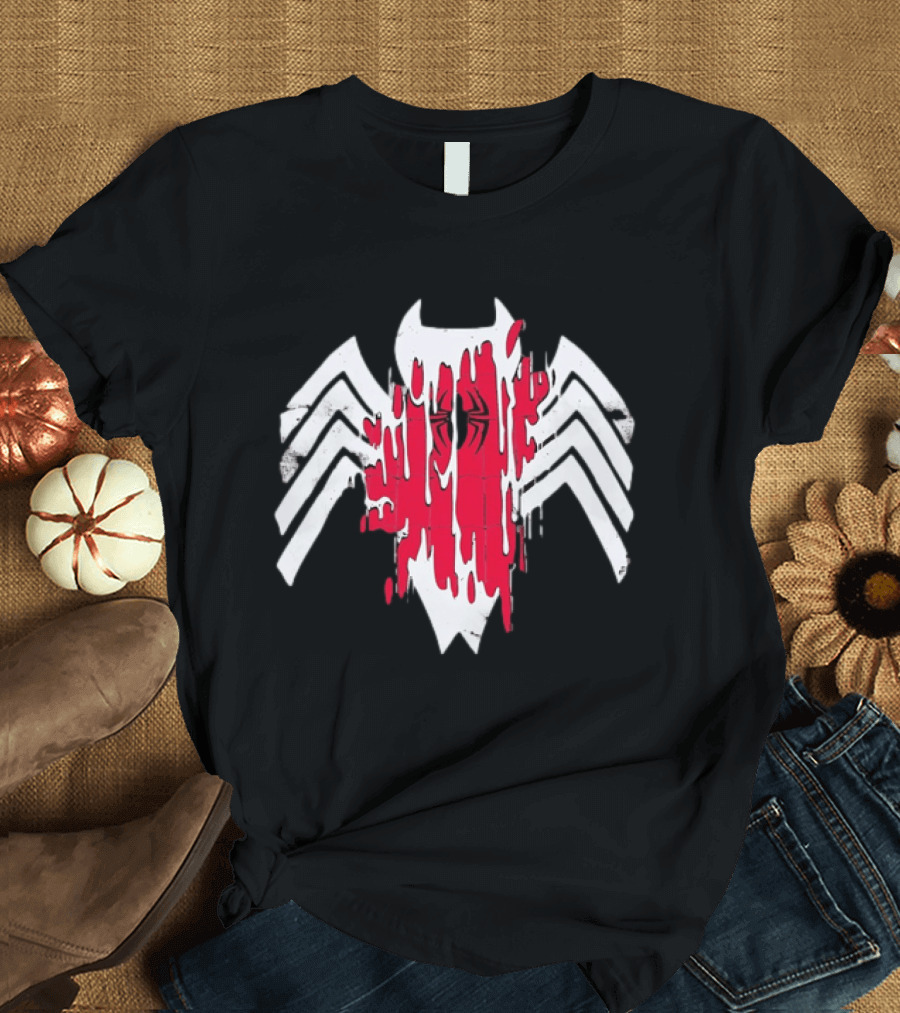 Spider Man Symbiote Venom Drip White Spider Icon Red Paint Splatter T-Shirt