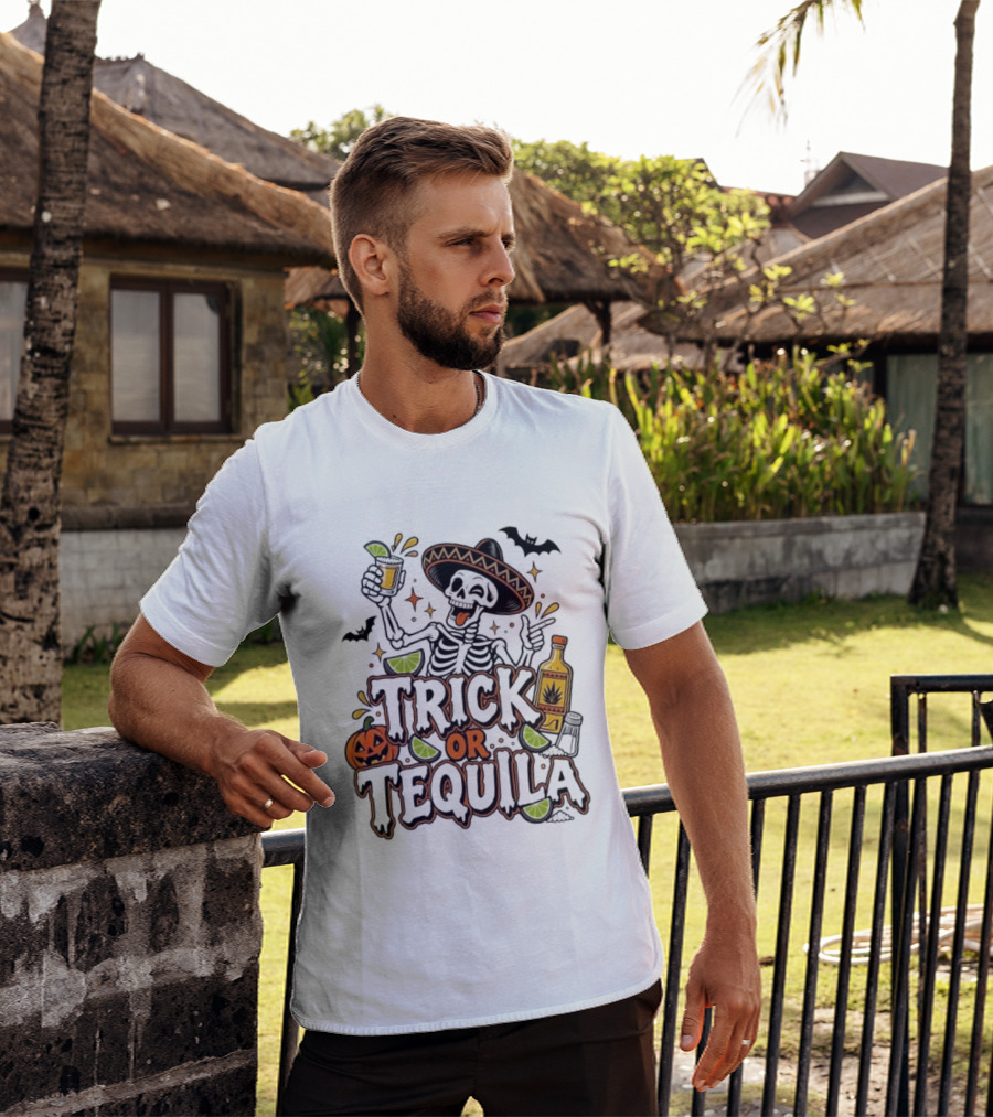 Trick Or Tequila Skeleton Sombrero Halloween Party Pumpkin Bats Lime T-Shirt