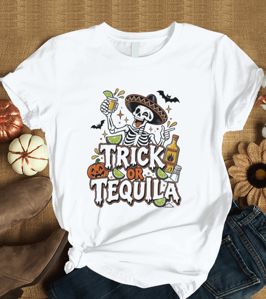Trick Or Tequila Skeleton Sombrero Halloween Party Pumpkin Bats Lime T-Shirt