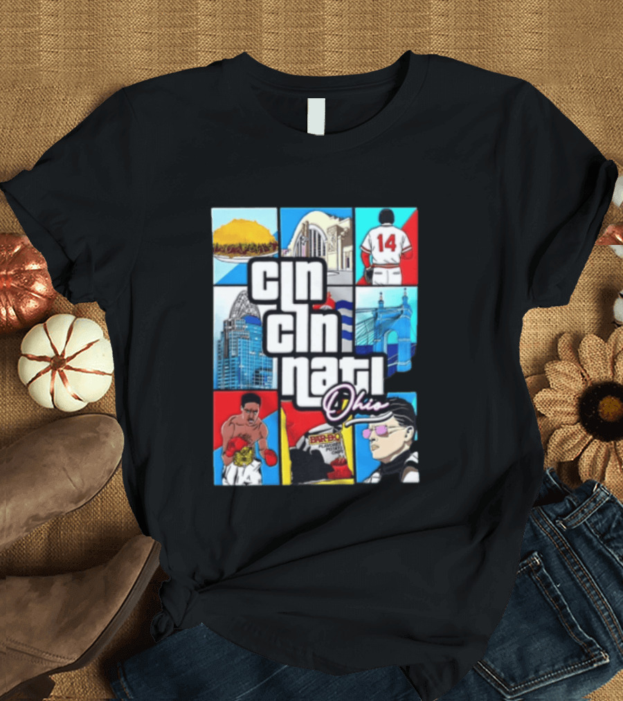 Cincinnati Ohio Landmarks GTA Style Tyler Henderson Alabama NCAA 14 T-Shirt