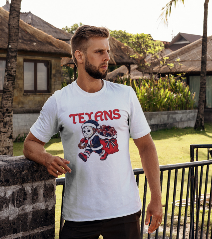 Houston Football Christmas Red And Navy Masked Santa T-Shirt