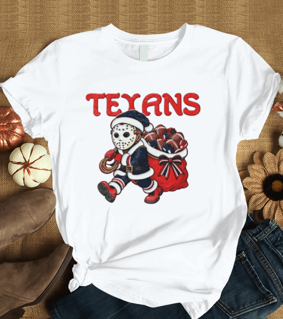 Houston Football Christmas Red And Navy Masked Santa T-Shirt