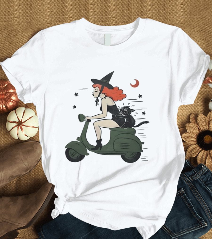 Witch Riding A Scooter With A Cat T-Shirt