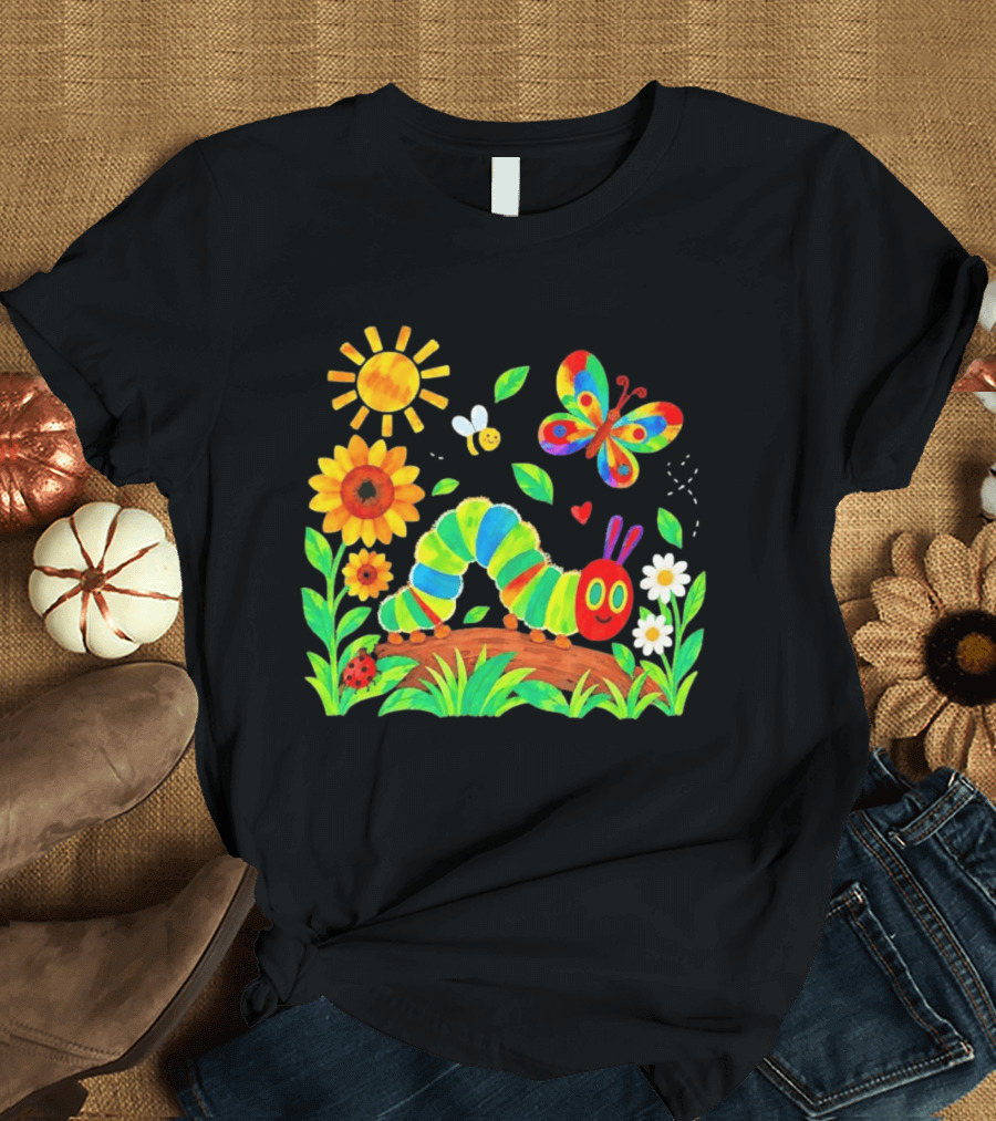 The Very Hungry Caterpillar Colorful Garden With Butterfly And Sunflowers T-Shirt