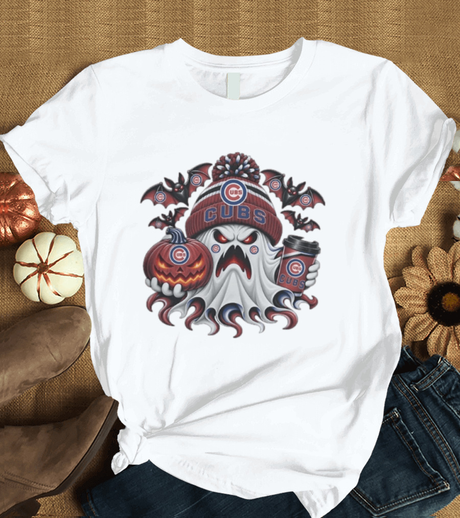 Chicago Cubs Halloween Ghost With Coffee And Pumpkin Bats T-Shirt