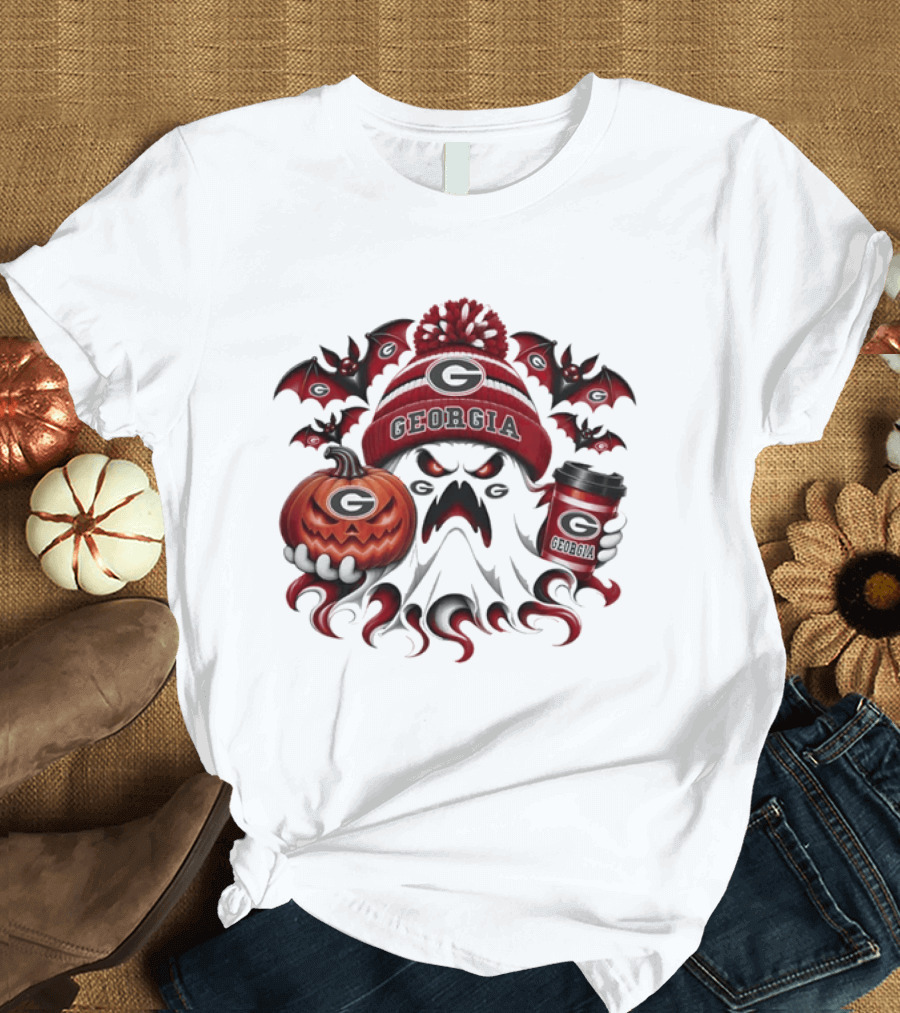 Georgia Bulldogs Halloween Ghost Coffee Pumpkin Spooky Bats T-Shirt