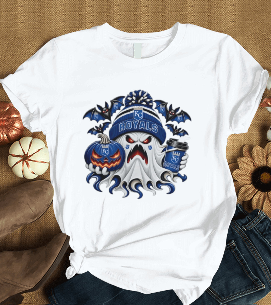 Kansas City Royals Halloween Ghost With Coffee And Pumpkin T-Shirt