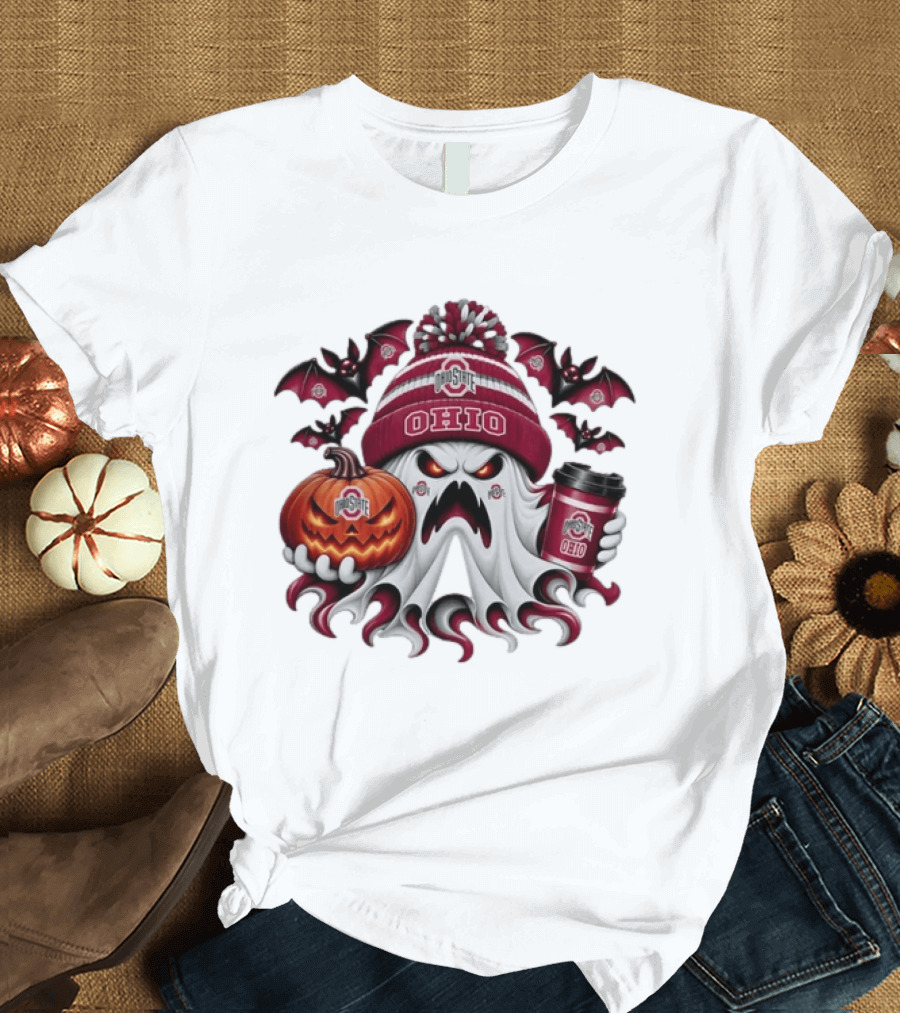 Ohio State Buckeyes Halloween Ghost Coffee Pumpkin Bats Spooky T-Shirt