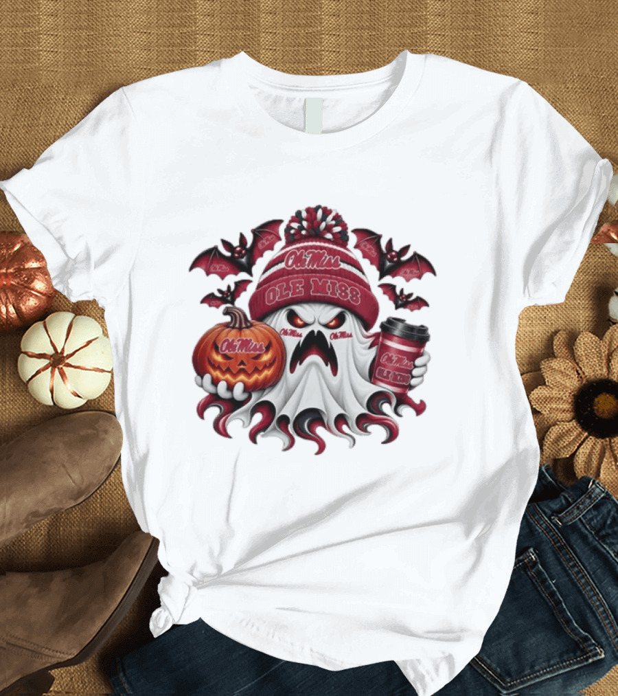 Ole Miss Rebels Halloween Ghost Pumpkin Coffee Spooky Bats T-Shirt