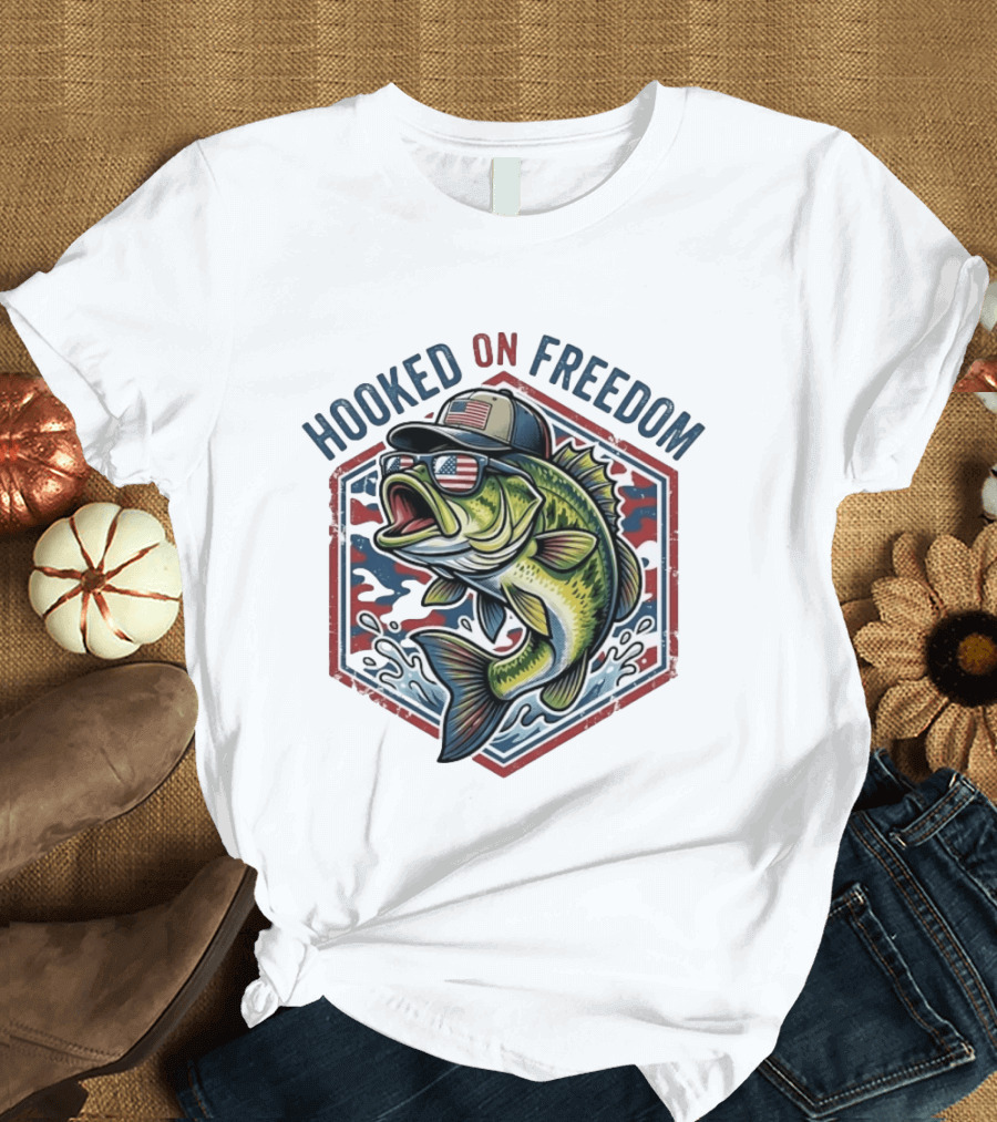 Hooked On Freedom Patriotic Bass Fishing T-Shirt