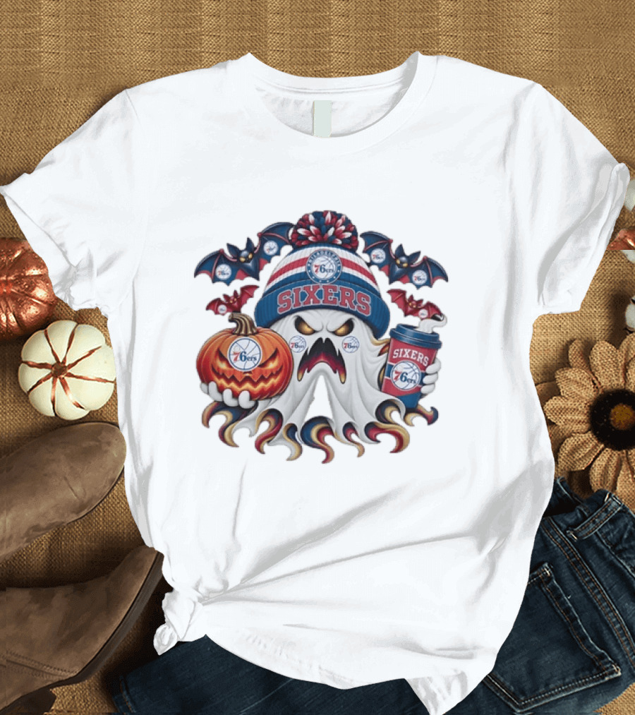 Philadelphia 76ers Spooky Ghost Halloween Coffee Pumpkin Bats T-Shirt