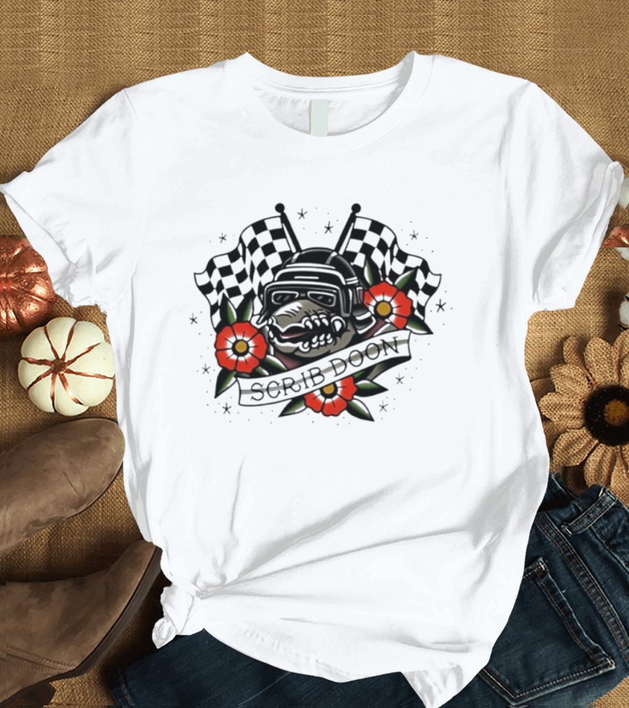 Scrib Doon Traditional Tattoo Racing Checkered Flags And Flowers T-Shirt