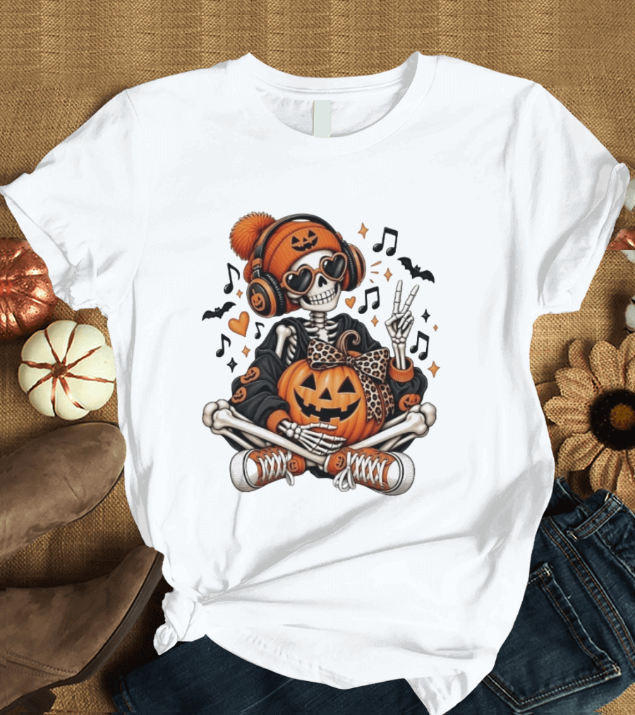 Skeleton In Pumpkin Beanie With Headphones Heart Sunglasses And Peace Sign T-Shirt