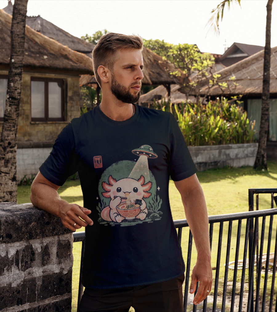 Axolotl Enjoying Ramen Under UFO Light With Japanese Distressed T-Shirt