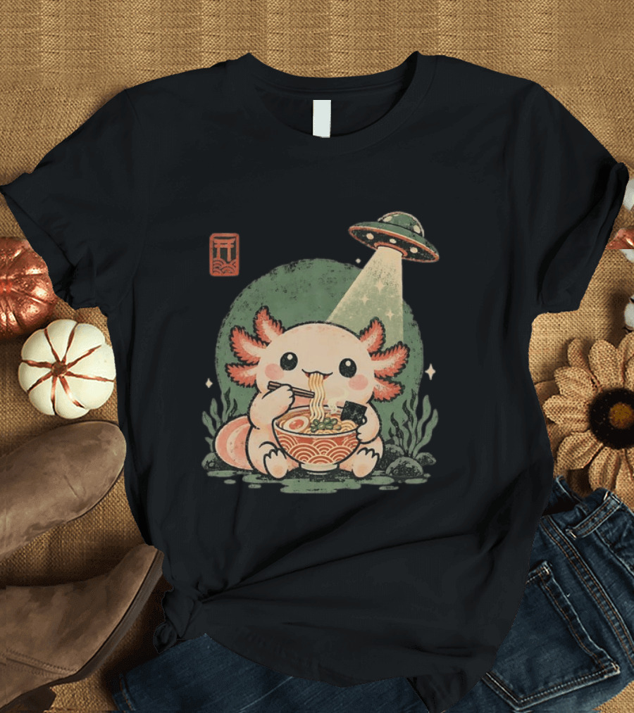 Axolotl Enjoying Ramen Under UFO Light With Japanese Distressed T-Shirt