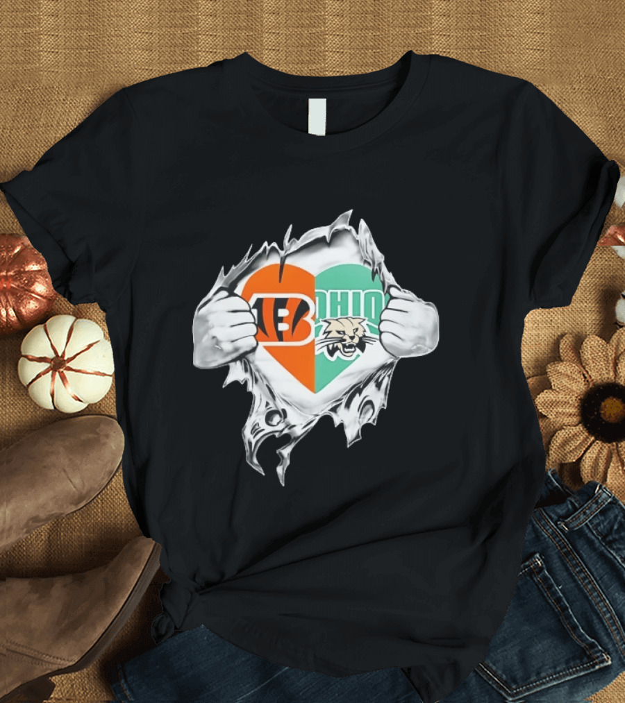 Cincinnati Bengals Ohio Bobcats Heart Superman Chest Rip T-Shirt