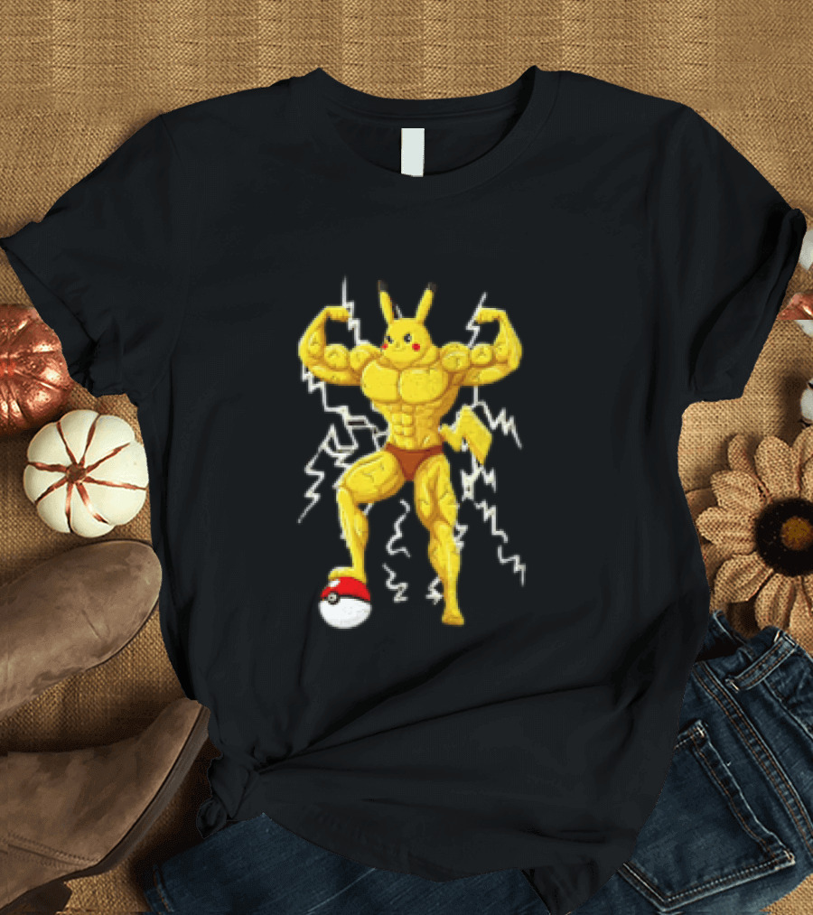 Pikachu Muscular Pokemon Character Flexing Lightning Power T-Shirt
