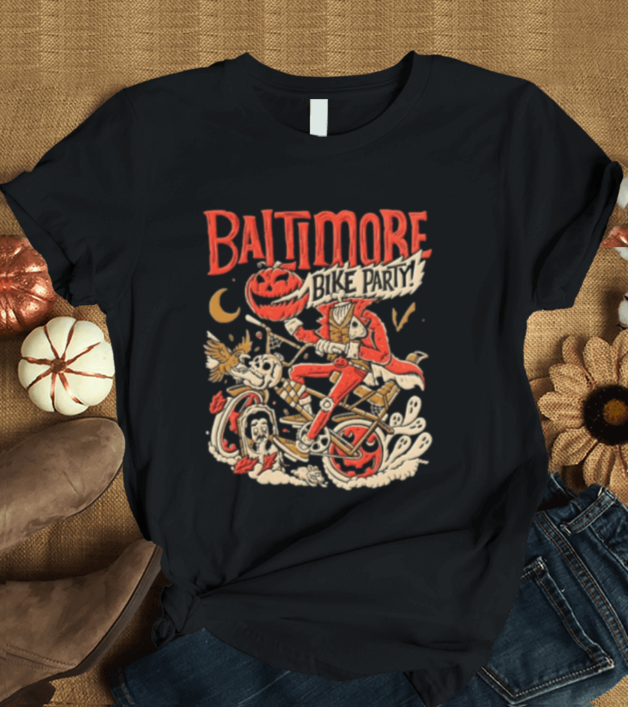 Baltimore Bike Party Halloween Headless Horseman Pumpkin Biker Moon Owl T-Shirt