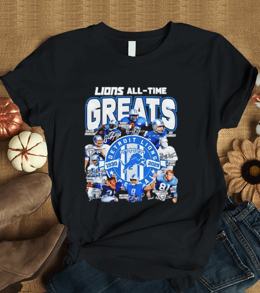 Detroit Lions All Time Greats Featuring Barry Sanders And Matthew Stafford T-Shirt