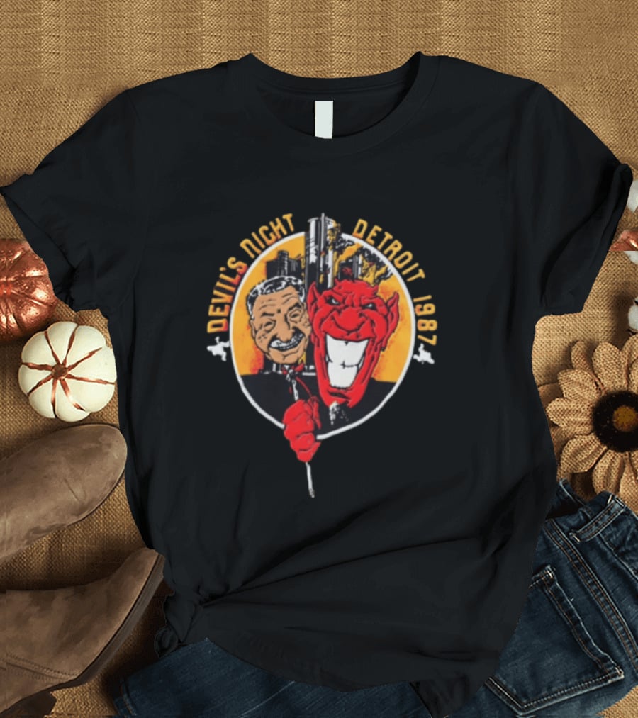 Devils Night 1987 Detroit Man And Red Devil Cartoon Skyline T-Shirt