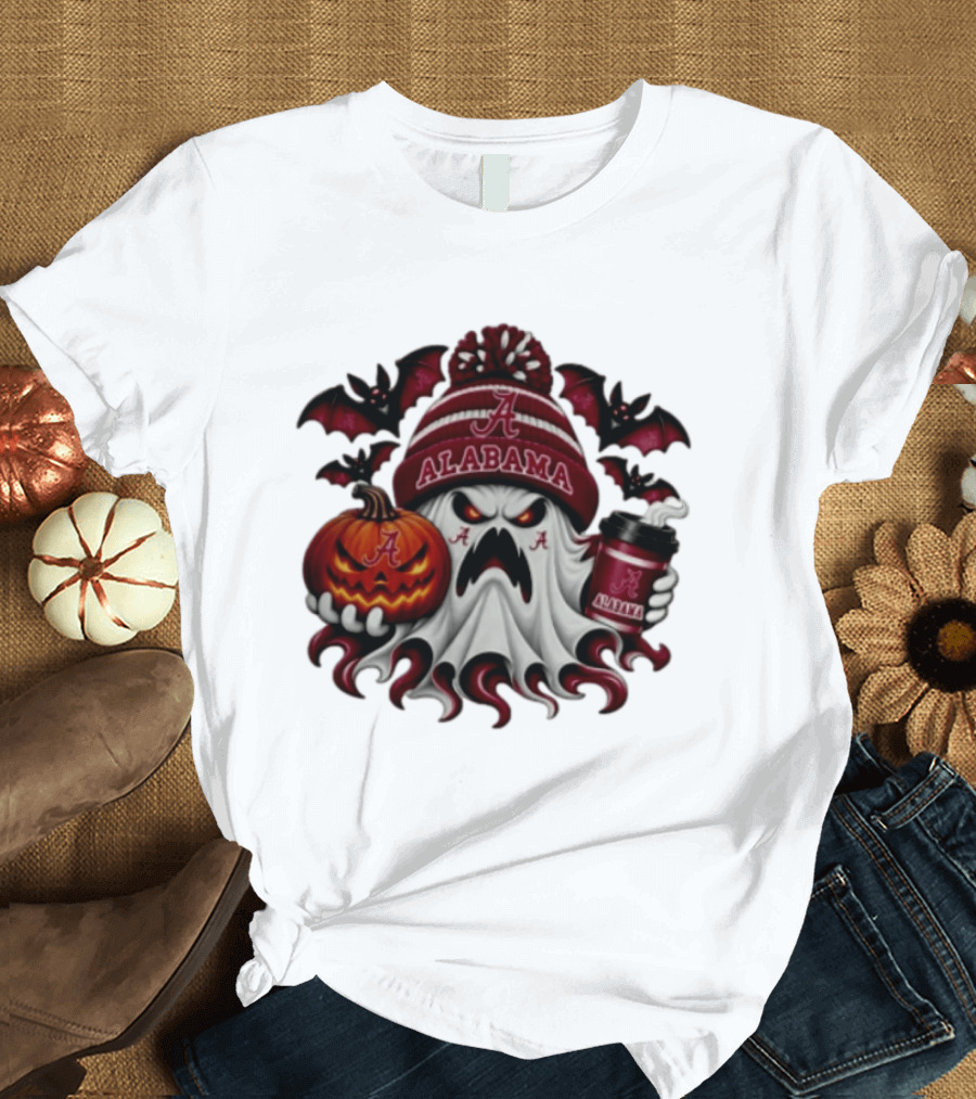 Alabama Crimson Tide Halloween Ghost With Pumpkin And Coffee 2026 T-Shirt