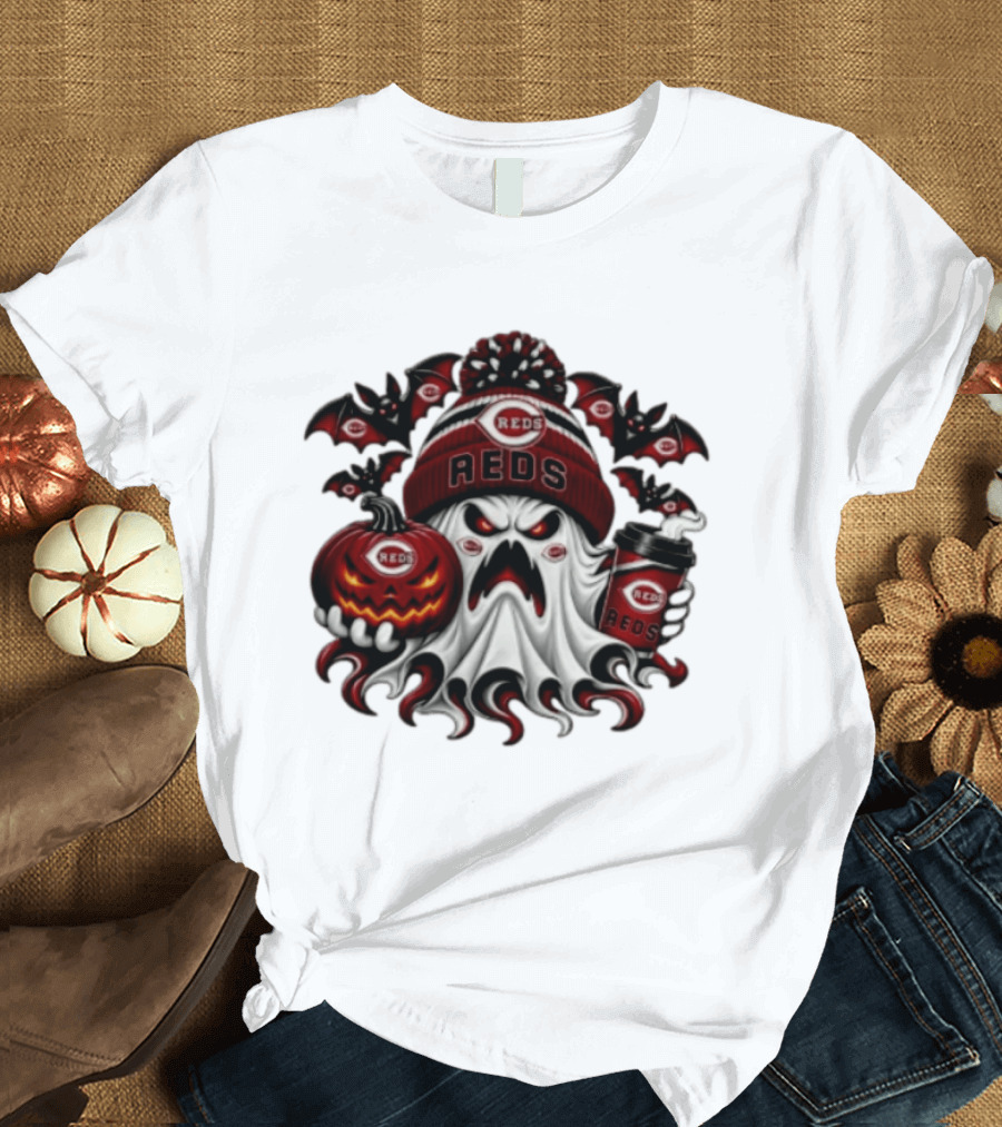 Ghost Pumpkin Cincinnati Reds Coffee Halloween Spooky 2026 Bats T-Shirt