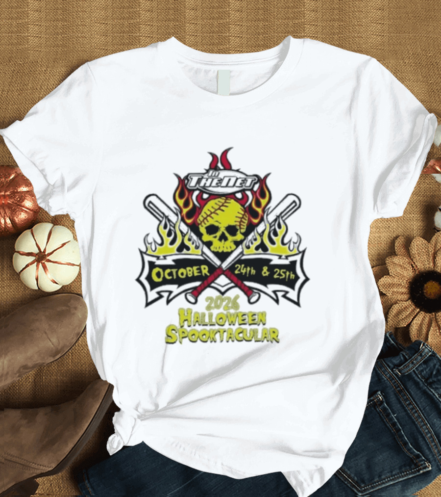 In The Net 2026 Halloween Spooktacular October 24th And 25th Skull Flames Crossed Bats T-Shirt