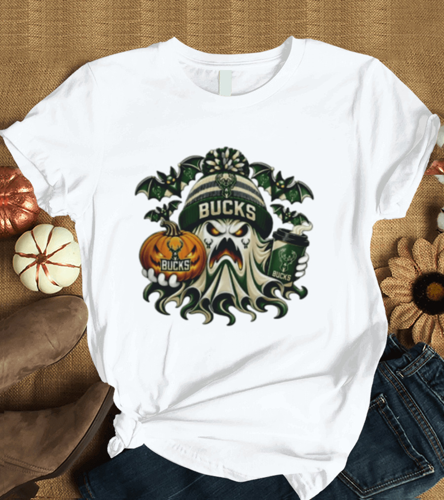 Milwaukee Bucks Spooky Ghost With Pumpkin And Coffee Halloween 2026 T-Shirt