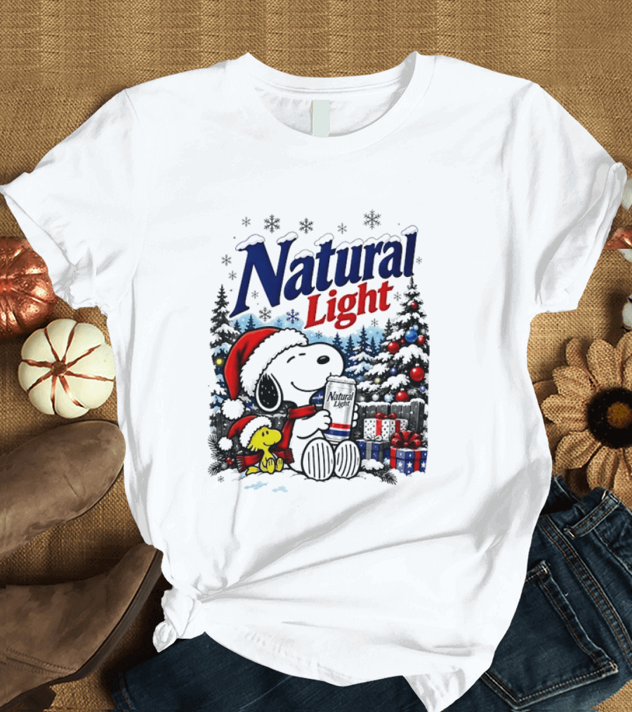 Snoopy Woodstock Santa Hat Natural Light Christmas Tree Presents T-Shirt