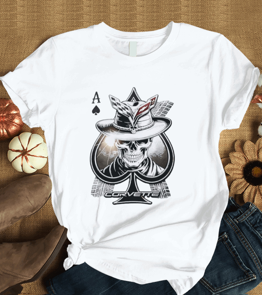 Corvette Ace Of Spades Skull Cowboy Chevrolet Hat Poker Cards T-Shirt