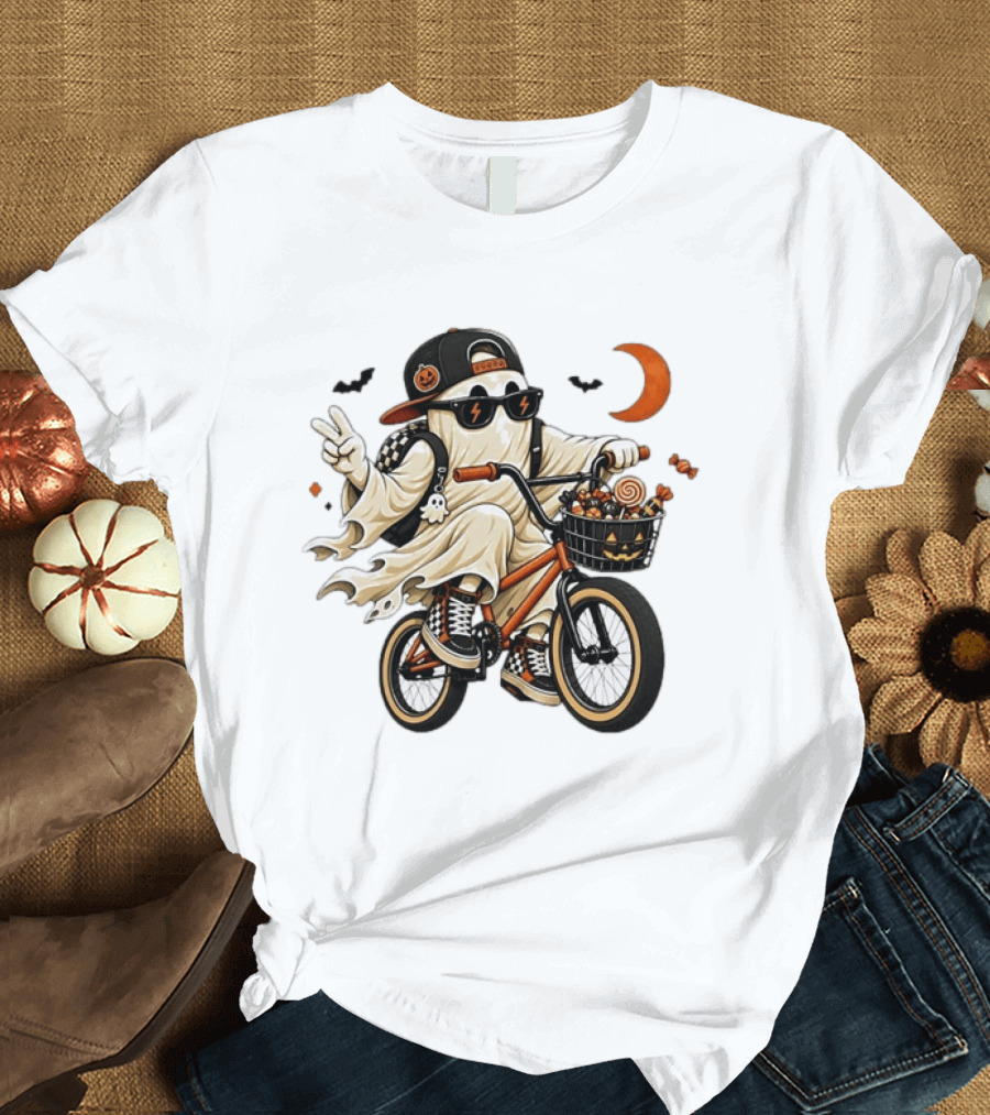 Ghost On Bike With Halloween Candy And Peace Sign Moon And Bats T-Shirt