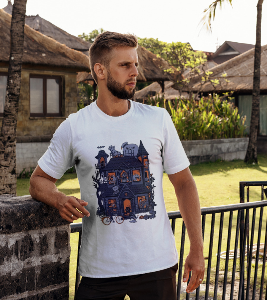 Haunted House With Stay Puft Marshmallow Man Horror Characters T-Shirt