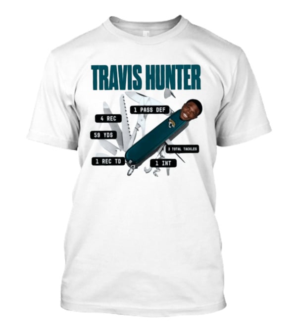 Travis Hunter Swiss Army Knife 4 REC 59 YDS 1 REC TD Jacksonville Jaguars T-Shirt