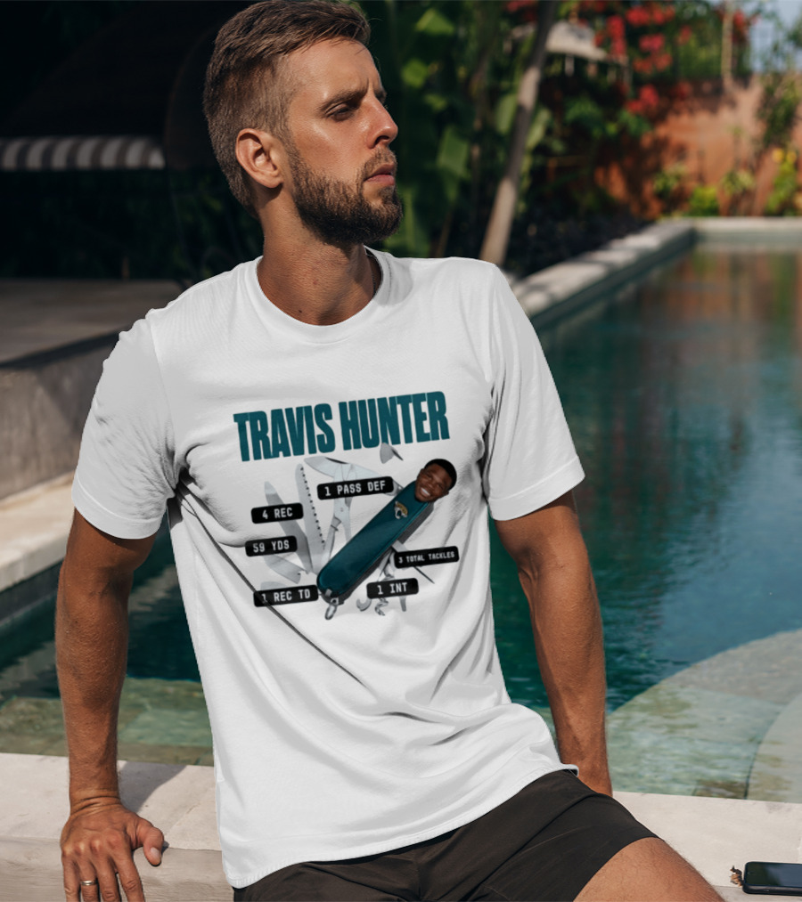 Travis Hunter Swiss Army Knife 4 REC 59 YDS 1 REC TD Jacksonville Jaguars T-Shirt