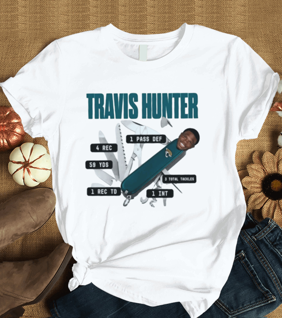 Travis Hunter Swiss Army Knife 4 REC 59 YDS 1 REC TD Jacksonville Jaguars T-Shirt