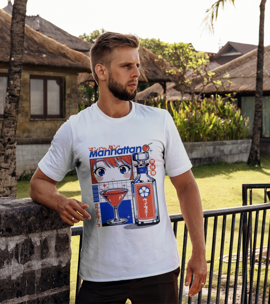 Manhattan Anime Style Whiskey Bottle With Cocktail And Cherry T-Shirt