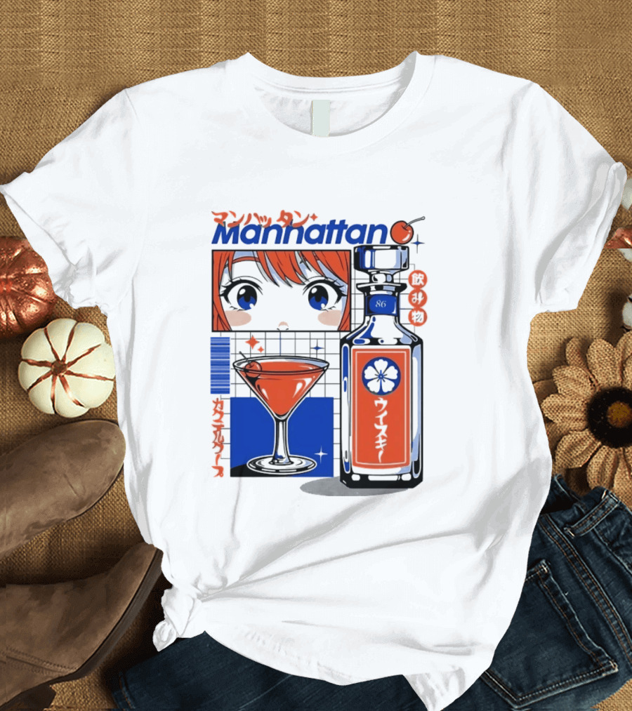 Manhattan Anime Style Whiskey Bottle With Cocktail And Cherry T-Shirt