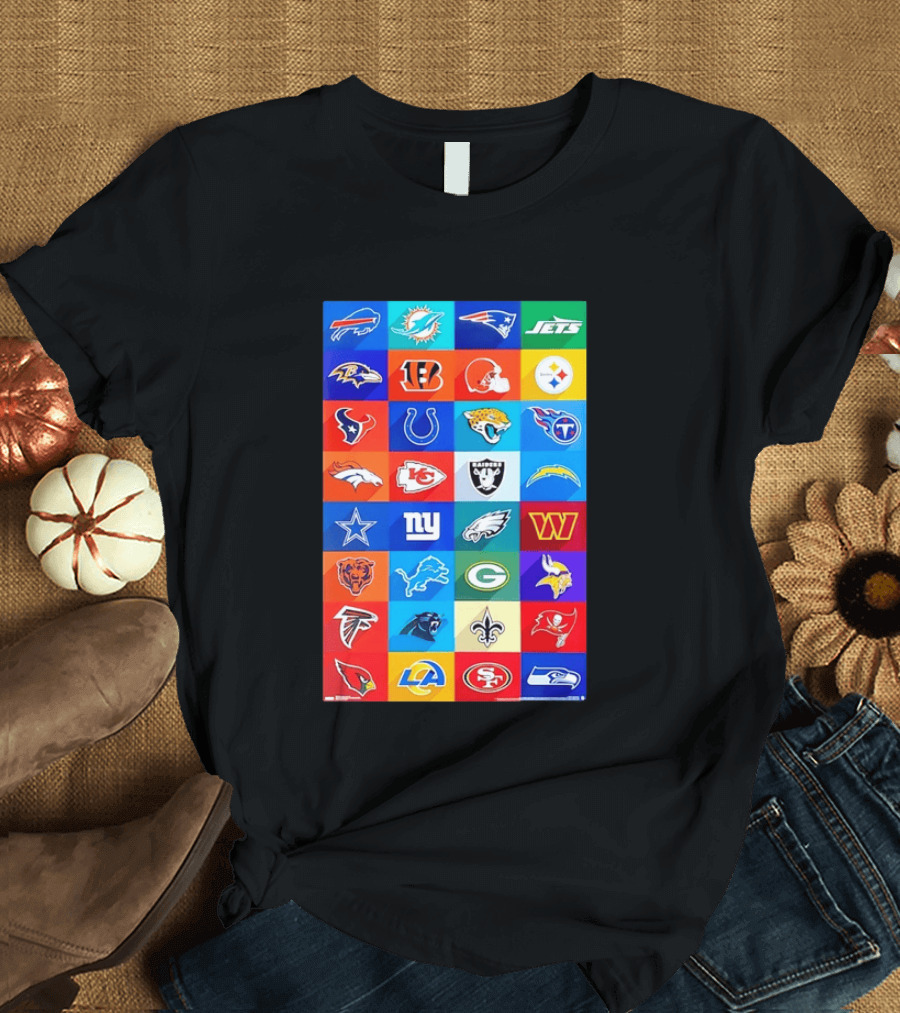 NFL Teams 32 Logos Grid Buffalo Rams Giants Packers 49ers Seahawks T-Shirt