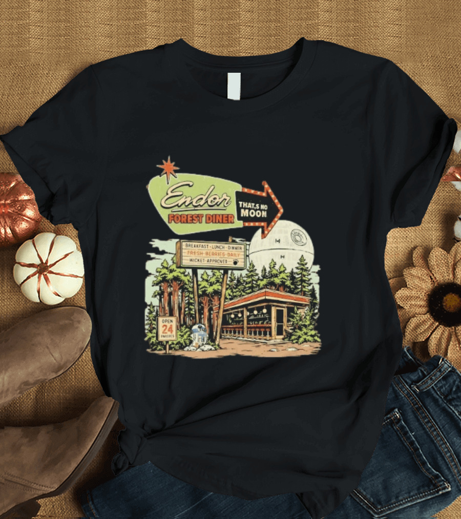 Endor Forest Diner Breakfast Lunch Dinner Moon Star Wars 24 Hours R2 D2 T-Shirt