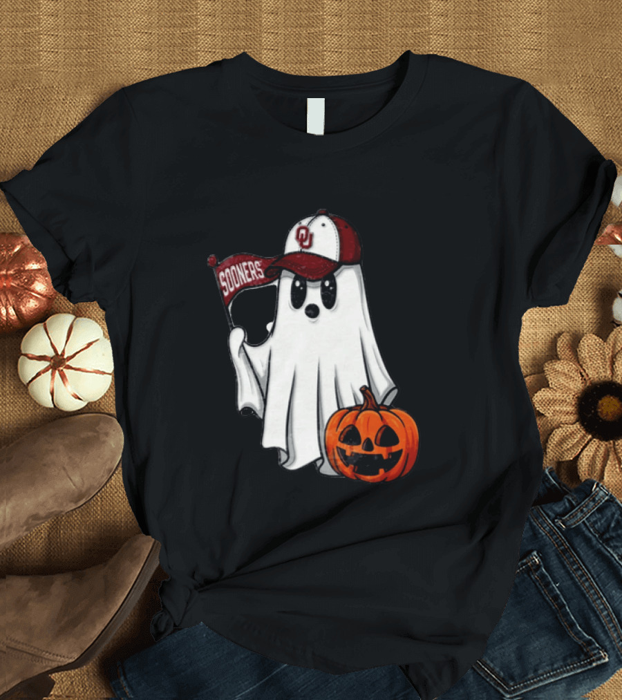 Oklahoma Sooners Ghost With Pumpkin Halloween Fan Gear T-Shirt