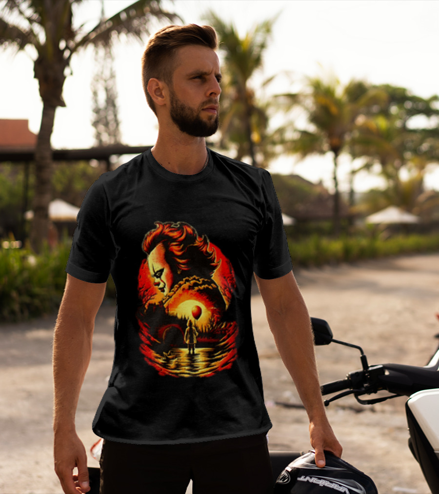 Pennywise IT Clown Face With Red Balloon And Sunset Scene T-Shirt