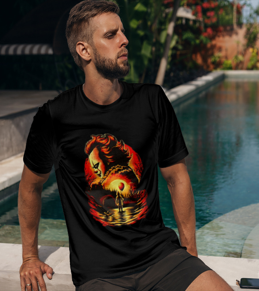 Pennywise IT Clown Face With Red Balloon And Sunset Scene T-Shirt