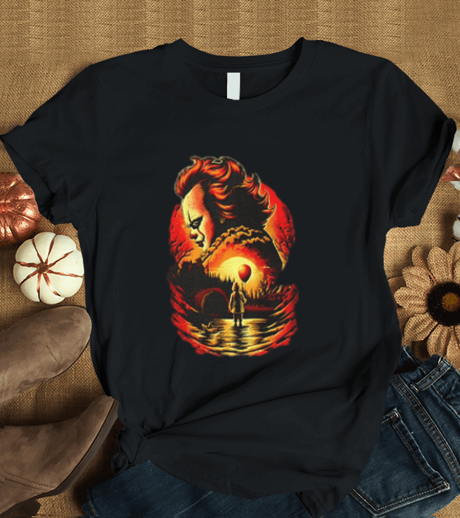 Pennywise IT Clown Face With Red Balloon And Sunset Scene T-Shirt