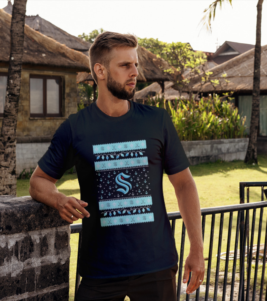 Seattle Kraken NHL Holiday Knit Sweater Lights Snowflakes T-Shirt